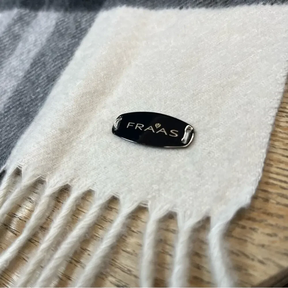 Fraas 100% Cashmere Plaid Scarf Wrap Blanket Ivory Gray Classic Preppy Checked